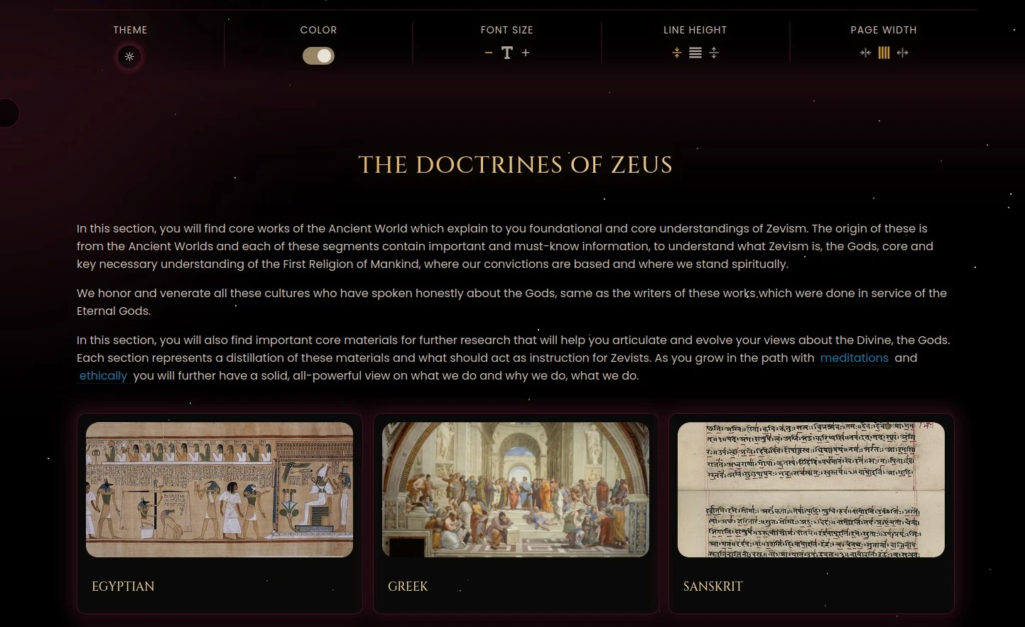 A Temple of Zeus page using the red halo color setting