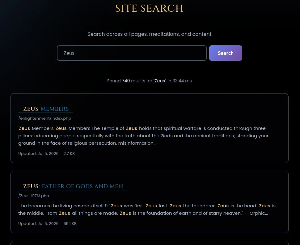 Temple of Zeus Site Search results showing the number of matches and search time