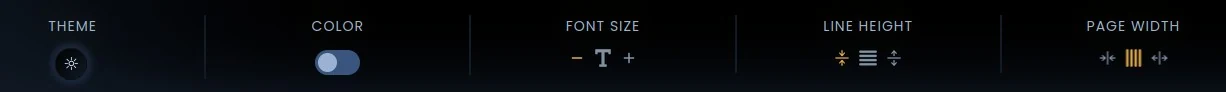 The Theme, Color, Font Size, Line Height, and Page Width settings