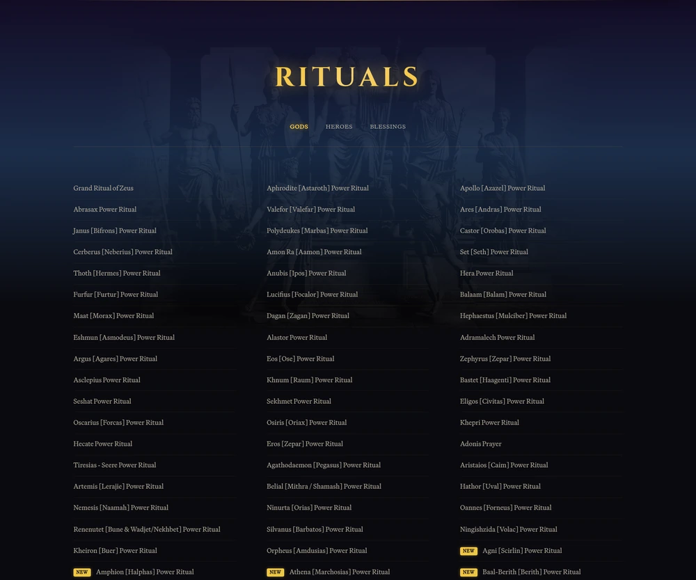The ritual list with category tabs