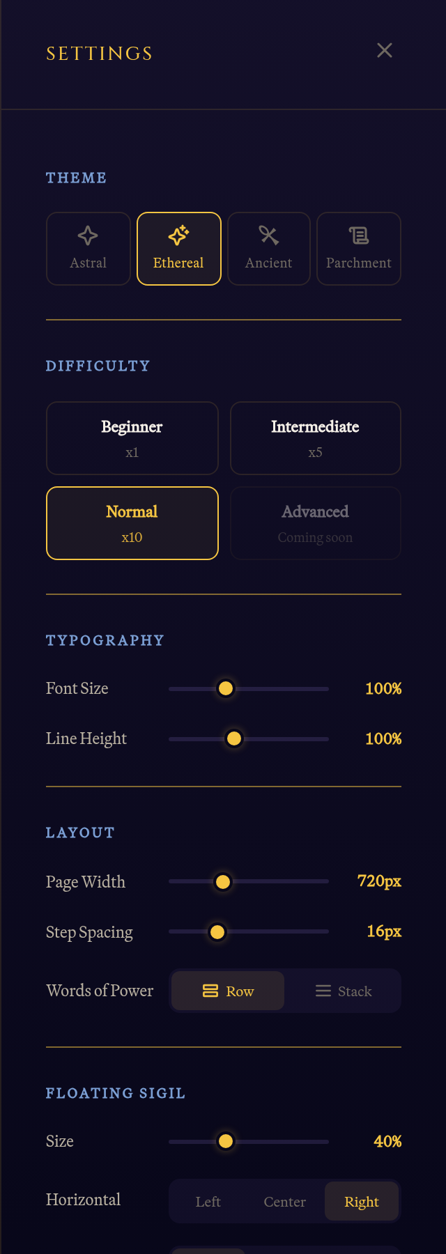 The settings panel: set the difficulty, text size, and more