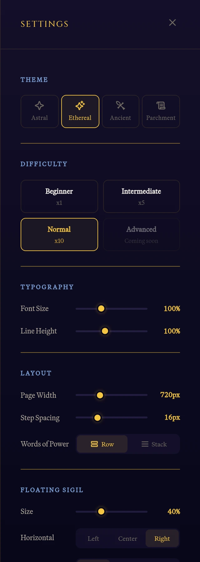 The settings panel: set the difficulty, text size, and more