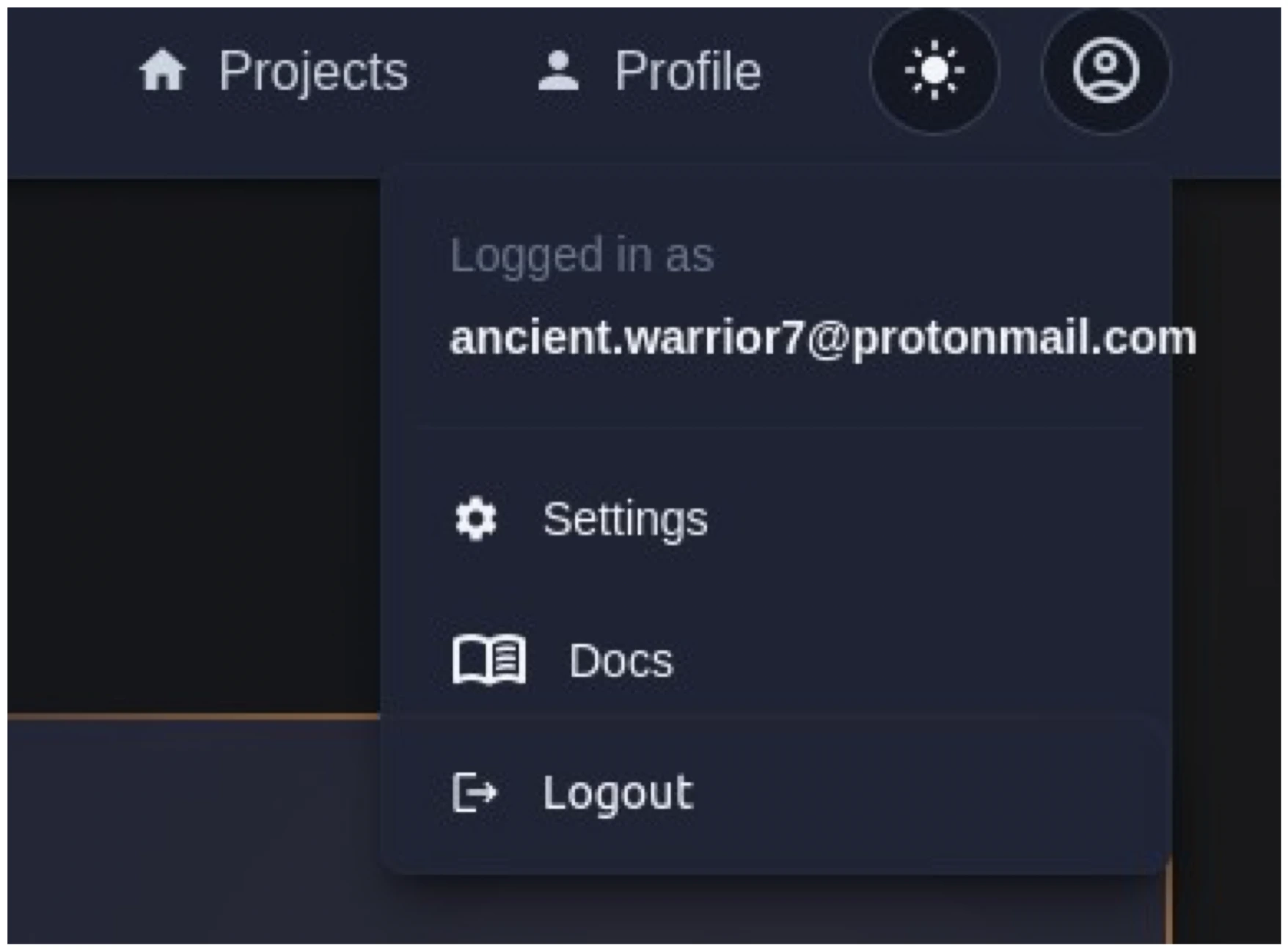 The account menu showing the logged-in email, Settings, Docs, and Logout