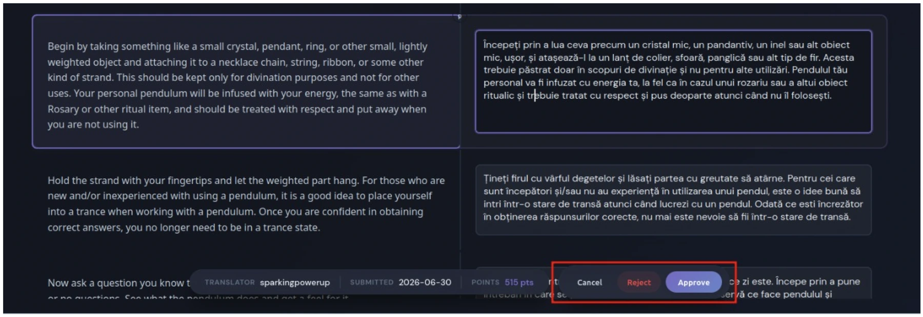 A page in review, translated against the original, with the Cancel, Reject, and Approve buttons