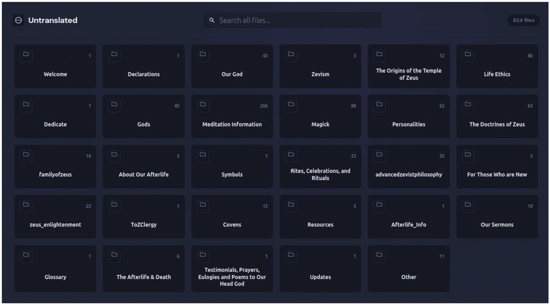The Untranslated view listing the ToZ website sections as a grid