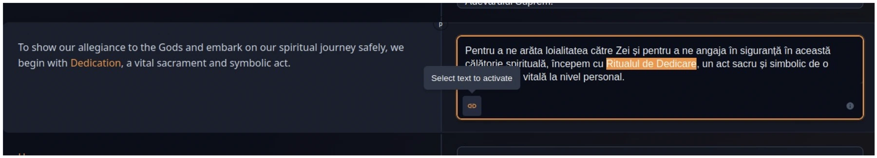 A block with the "Select text to activate" option shown for applying a hyperlink