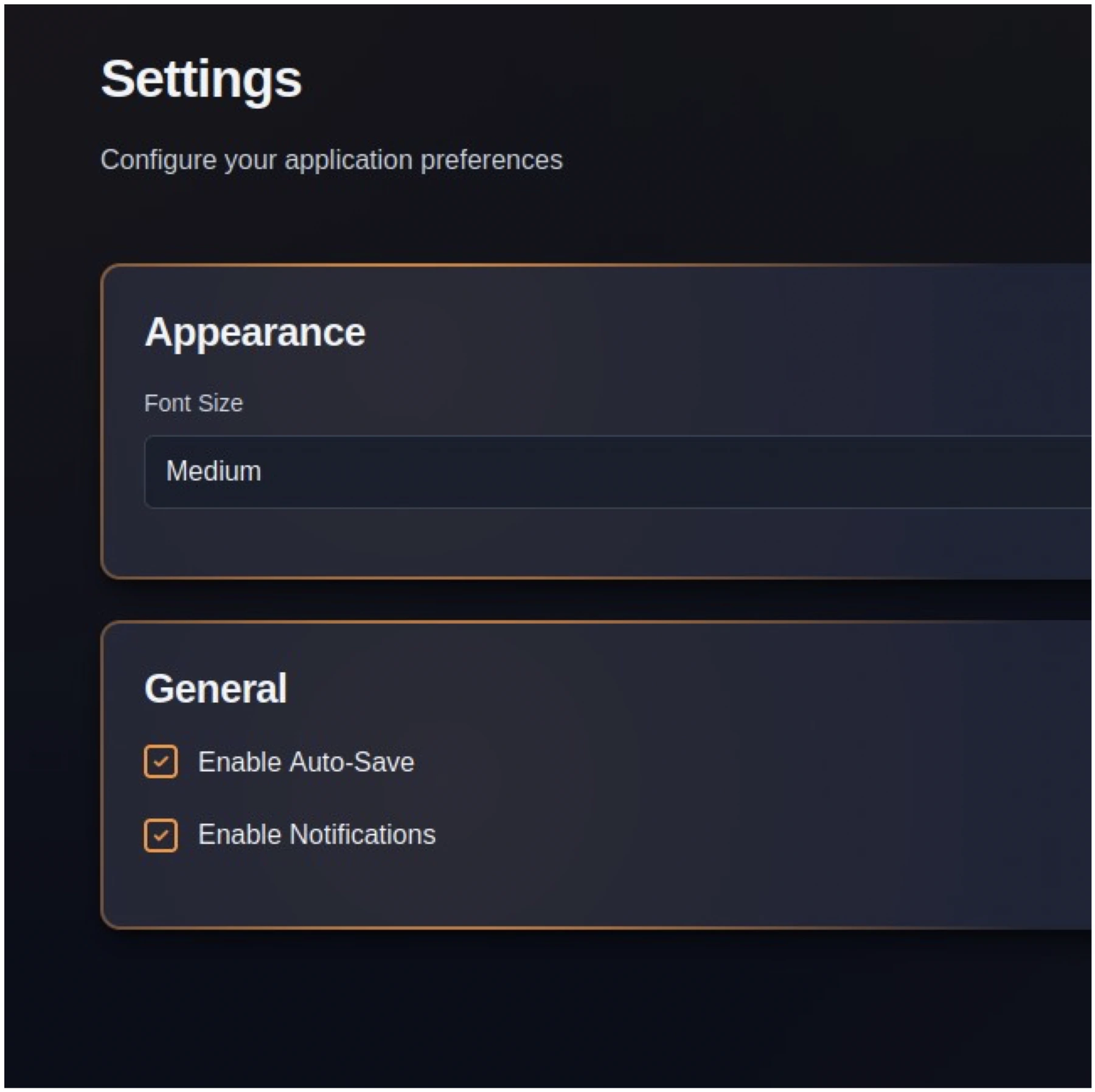 The Settings page in dark theme, showing Appearance (Font Size) and General (Enable Auto-Save, Enable Notifications)