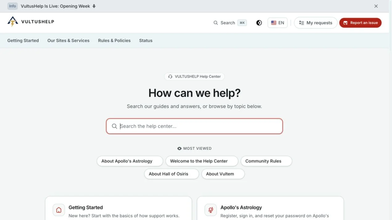 The searchable Vultus Help Help Center