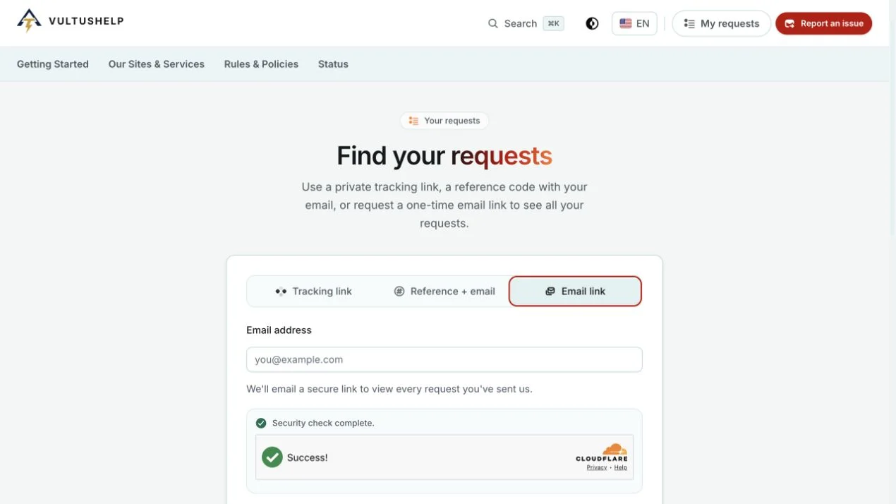 Requesting a secure My requests email link