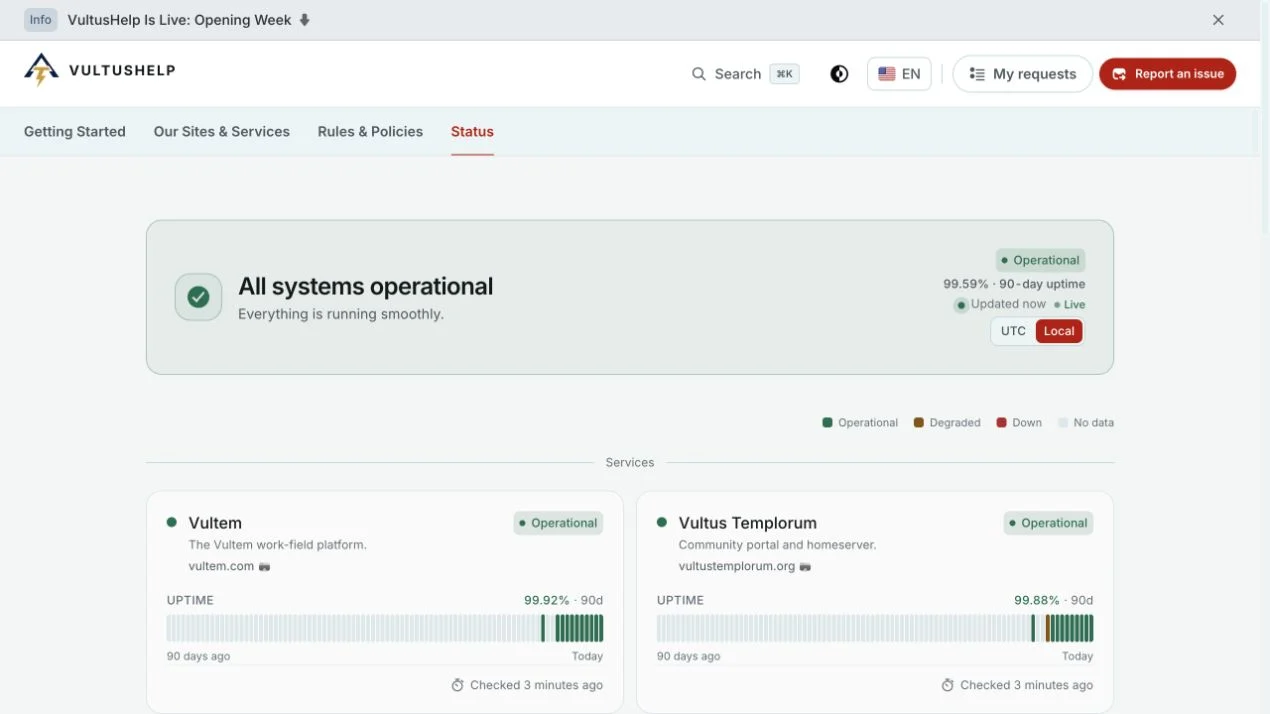 The Vultus Help service status page