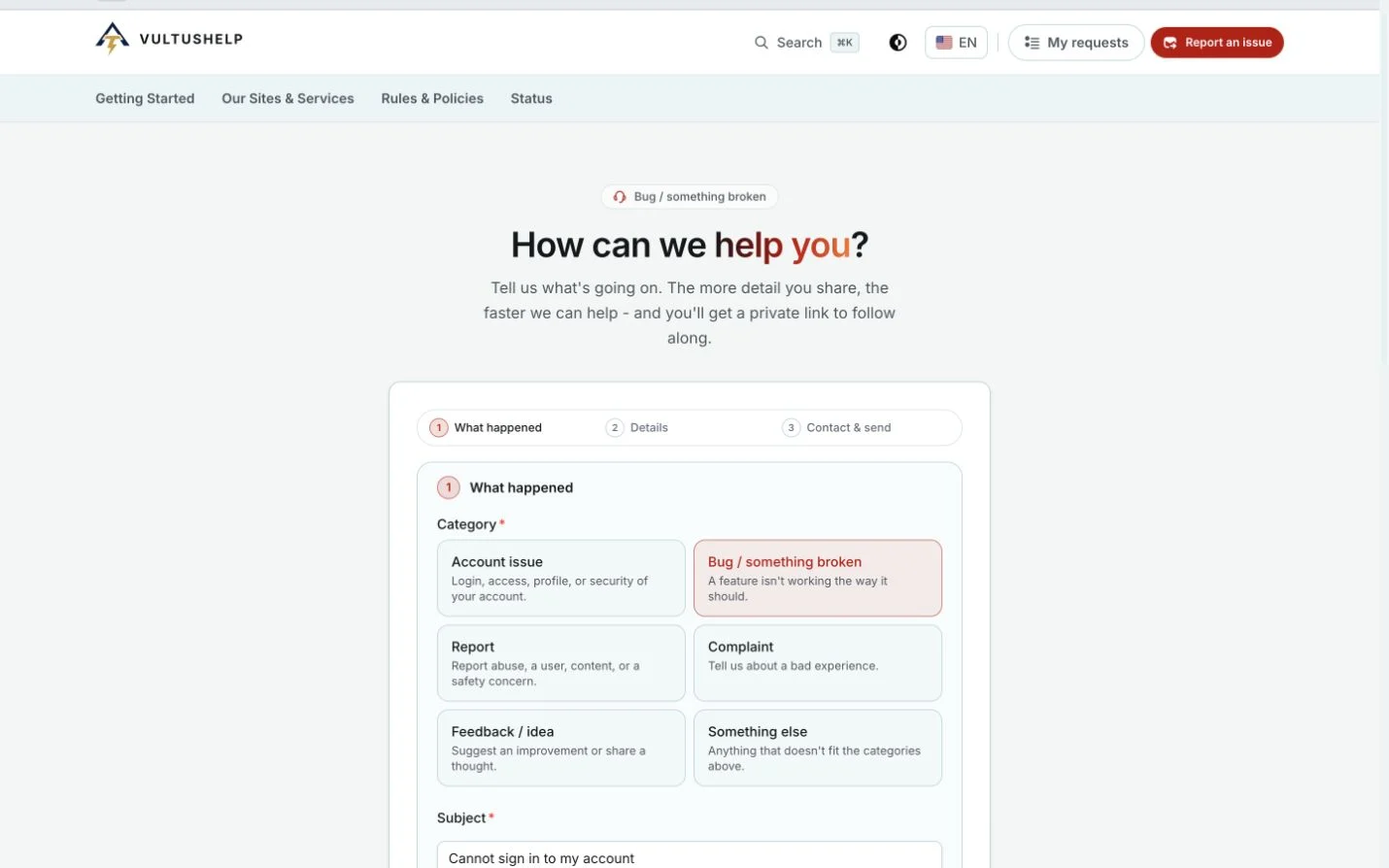 The first stage of the request form