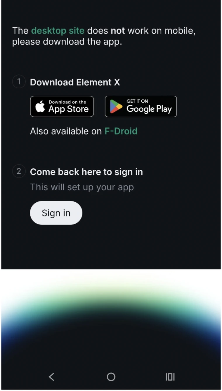 The Element mobile page with the Download Element X options (App Store, Google Play, F-Droid) and a Sign in button